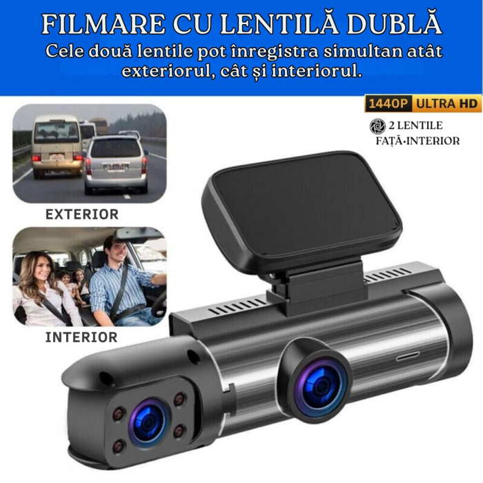 Camera Auto De Bord 2in1 Dual CLAUSTEEL DVR Camera High PRO Ultra HD 1440P, Wireless, 2 Lentile Fata-Interior, Unghi Ultra-Larg De 170°, Display 3.16", Night Vision HD, Inregistrare Dubla, Loop Record [8]