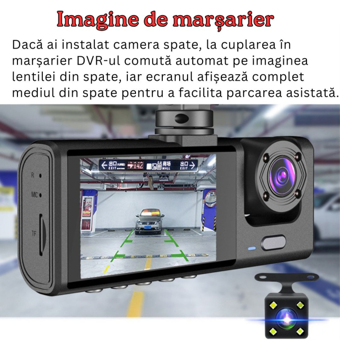 Camera Auto De Bord Tripla CLAUSTEEL DVR Camera High PRO Full HD 1080P, 3 Lentile Fata-Interior-Spate, Unghi Ultra-Larg De 170°, Display 2", Night Vision HD, Inregistrare Dubla, Loop Recording, G-sens [12]