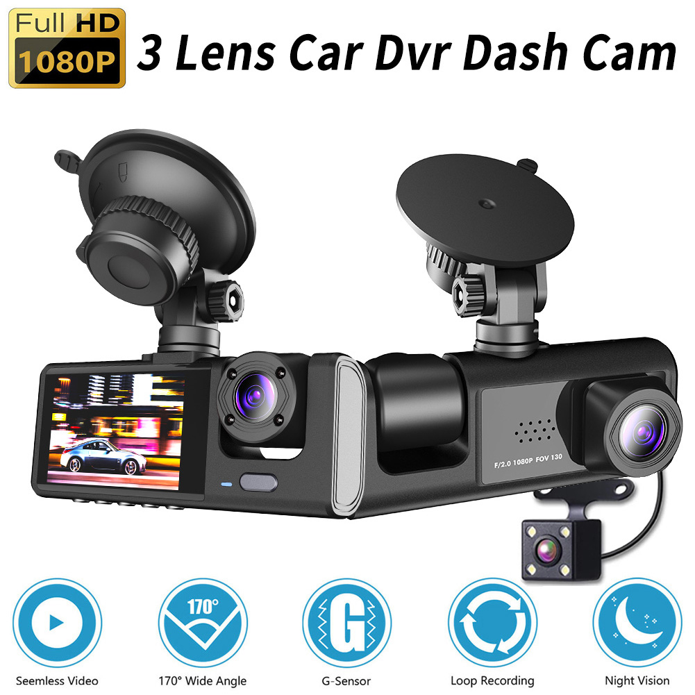Camera Auto De Bord Tripla CLAUSTEEL DVR Camera High PRO Full HD 1080P, 3 Lentile Fata-Interior-Spate, Unghi Ultra-Larg De 170°, Display 2", Night Vision HD, Inregistrare Dubla, Loop Recording, G-sens [2]