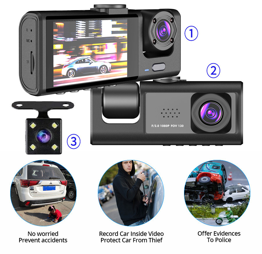 Camera Auto De Bord Tripla CLAUSTEEL DVR Camera High PRO Full HD 1080P, 3 Lentile Fata-Interior-Spate, Unghi Ultra-Larg De 170°, Display 2", Night Vision HD, Inregistrare Dubla, Loop Recording, G-sens [7]