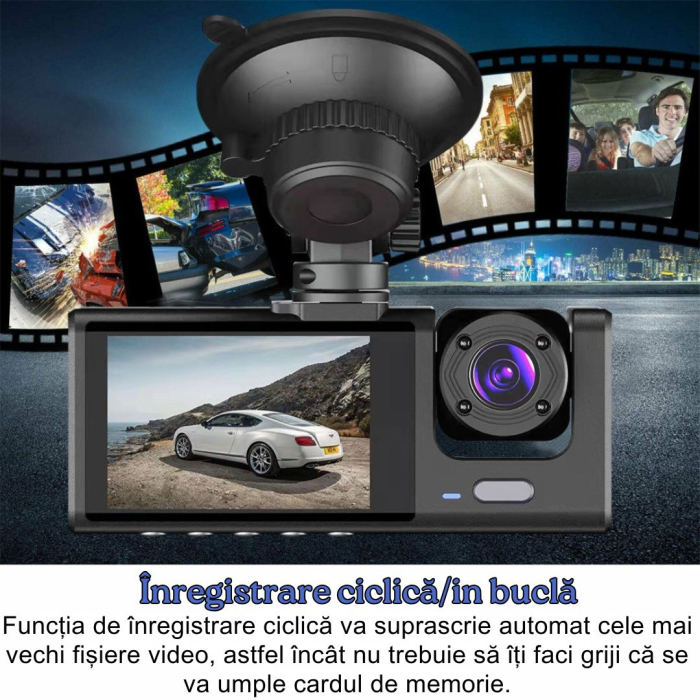 Camera Auto De Bord Tripla CLAUSTEEL DVR Camera High PRO Full HD 1080P, 3 Lentile Fata-Interior-Spate, Unghi Ultra-Larg De 170°, Display 2", Night Vision HD, Inregistrare Dubla, Loop Recording, G-sens [10]