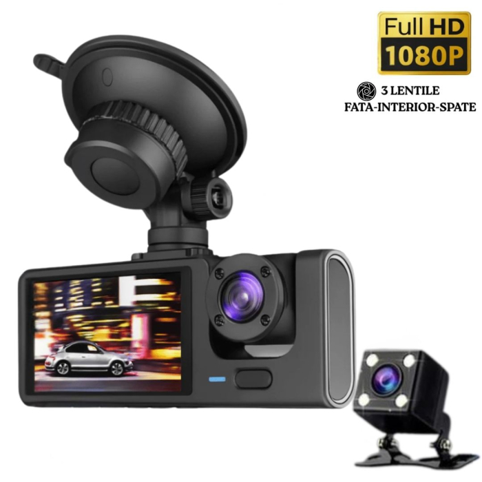 Camera Auto De Bord Tripla CLAUSTEEL DVR Camera High PRO Full HD 1080P, 3 Lentile Fata-Interior-Spate, Unghi Ultra-Larg De 170°, Display 2", Night Vision HD, Inregistrare Dubla, Loop Recording, G-sens [1]