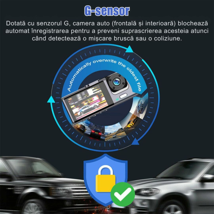 Camera Auto De Bord Tripla CLAUSTEEL DVR Camera High PRO Full HD 1080P, 3 Lentile Fata-Interior-Spate, Unghi Ultra-Larg De 170°, Display 2", Night Vision HD, Inregistrare Dubla, Loop Recording, G-sens [6]
