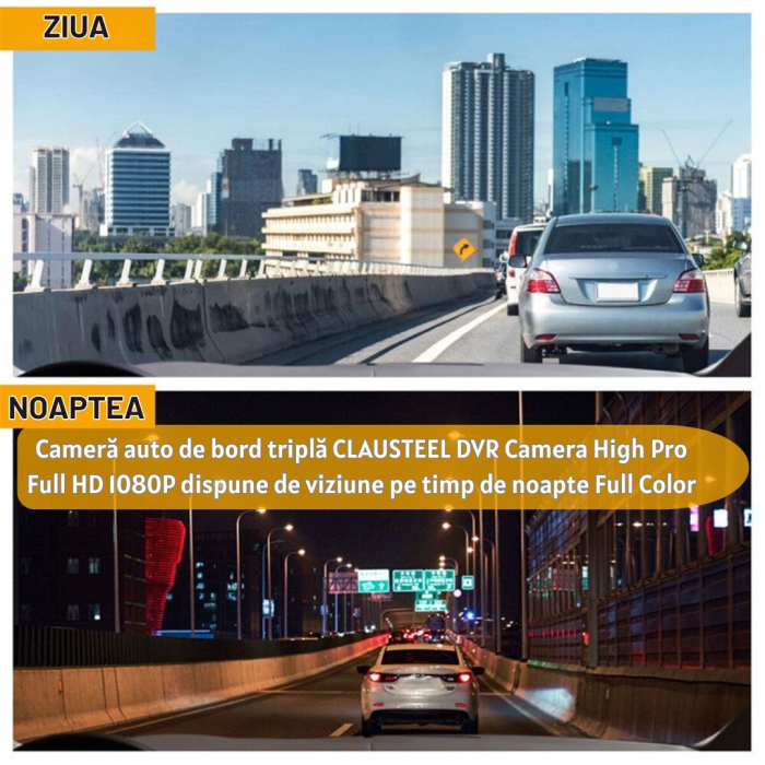 Camera Auto De Bord Tripla CLAUSTEEL DVR Camera High PRO Full HD 1080P, 3 Lentile Fata-Interior-Spate, Unghi Ultra-Larg De 170°, Display 2", Night Vision HD, Inregistrare Dubla, Loop Recording, G-sens [4]