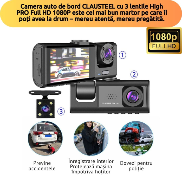 Camera Auto De Bord Tripla CLAUSTEEL DVR Camera High PRO Full HD 1080P, 3 Lentile Fata-Interior-Spate, Unghi Ultra-Larg De 170°, Display 2", Night Vision HD, Inregistrare Dubla, Loop Recording, G-sens [11]