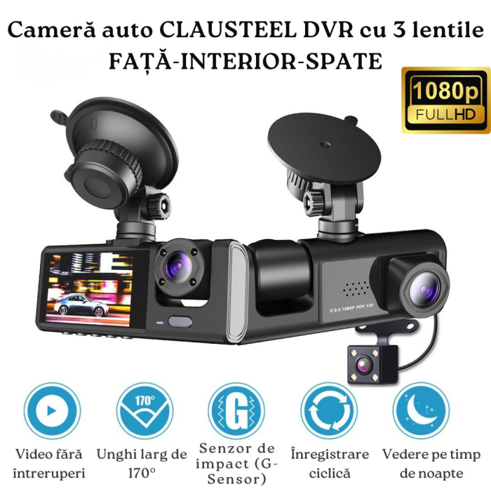 Camera Auto De Bord Tripla CLAUSTEEL DVR Camera High PRO Full HD 1080P, 3 Lentile Fata-Interior-Spate, Unghi Ultra-Larg De 170°, Display 2", Night Vision HD, Inregistrare Dubla, Loop Recording, G-sens [2]