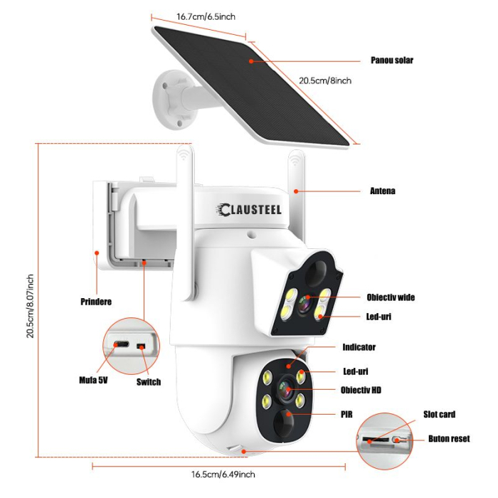 Camera De Supraveghere 2IN1, CLAUSTEEL®, Camera De Supraveghere 6MP, Exterior/Interior, WiFi, 2 Lentile, Rotire Automata 360°, Senzor Miscare, Panou Solar, Acumulator 7500mAh, Night Vision Color, A [11]