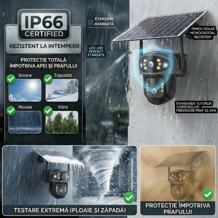 Camera de supraveghere CLAUSTEEL 2in1 cu panou solar, conexiune SIM 4G, 6MP, 8W, acumulator de 8000 mAh, Rotire automata, urmarire inteligenta, Night Vision color, Slot Card MicroSD, Microfon, Alim [10]