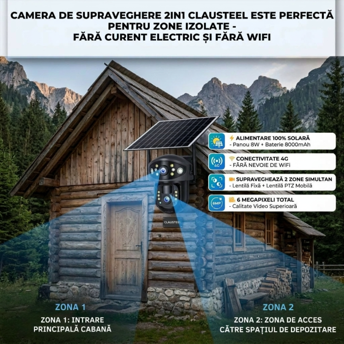 Camera de supraveghere CLAUSTEEL 2in1 cu panou solar, conexiune SIM 4G, 6MP, 8W, acumulator de 8000 mAh, Rotire automata, urmarire inteligenta, Night Vision color, Slot Card MicroSD, Microfon, Alim [3]