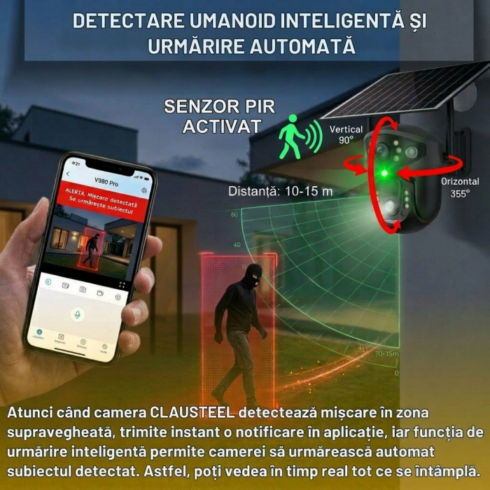 Camera de supraveghere CLAUSTEEL 2in1 cu panou solar, conexiune SIM 4G, 6MP, 8W, acumulator de 8000 mAh, Rotire automata, urmarire inteligenta, Night Vision color, Slot Card MicroSD, Microfon, Alim [5]