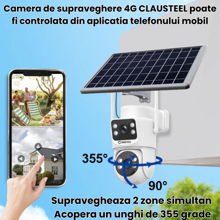 Camera de supraveghere CLAUSTEEL 2in1 cu panou solar, conexiune SIM 4G, 6MP ULTRA HD, acumulator de 8000 mAh, Rotire automata, urmarire inteligenta, Night Vision color, Slot Card MicroSD, Vedere dubla [4]