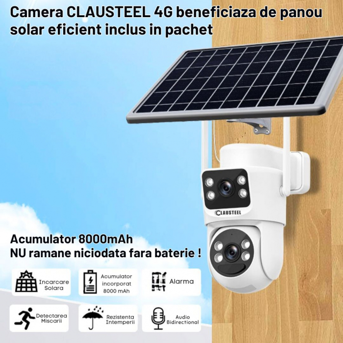 Camera de supraveghere CLAUSTEEL 2in1 cu panou solar, conexiune SIM 4G, 6MP ULTRA HD, acumulator de 8000 mAh, Rotire automata, urmarire inteligenta, Night Vision color, Slot Card MicroSD, Vedere dubla [2]