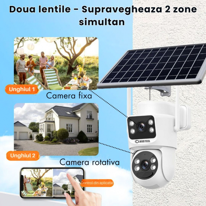 Camera de supraveghere CLAUSTEEL 2in1 cu panou solar, conexiune SIM 4G, 6MP ULTRA HD, acumulator de 8000 mAh, Rotire automata, urmarire inteligenta, Night Vision color, Slot Card MicroSD, Vedere dubla [6]