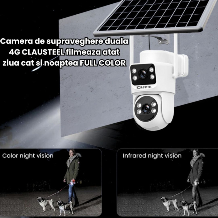 Camera de supraveghere CLAUSTEEL 2in1 cu panou solar, conexiune SIM 4G, 6MP ULTRA HD, acumulator de 8000 mAh, Rotire automata, urmarire inteligenta, Night Vision color, Slot Card MicroSD, Vedere dubla [5]