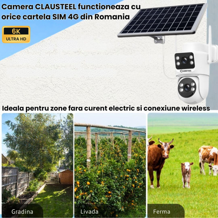 Camera de supraveghere CLAUSTEEL 2in1 cu panou solar, conexiune SIM 4G, 6MP ULTRA HD, acumulator de 8000 mAh, Rotire automata, urmarire inteligenta, Night Vision color, Slot Card MicroSD, Vedere dubla [9]