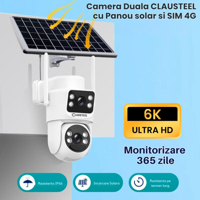 Camera de supraveghere CLAUSTEEL 2in1 cu panou solar, conexiune SIM 4G, 6MP ULTRA HD, acumulator de 8000 mAh, Rotire automata, urmarire inteligenta, Night Vision color, Slot Card MicroSD, Vedere dubla [3]