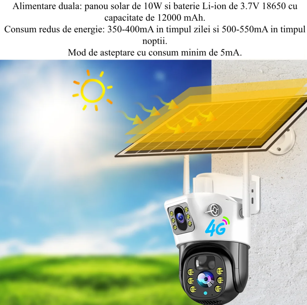 Camera de supraveghere CLAUSTEEL 2in1 cu Panou Solar inclus 10W, 4MP, Portabila, Acumulator incorporat 12000mah , Zoom digital 10X, Rotire automata, Micro SD, Cartela SIM, Conexiune 4G, Supravegheaza [2]