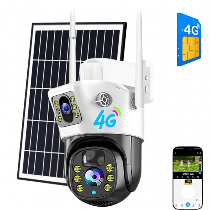 Camera de supraveghere CLAUSTEEL 2in1 cu Panou Solar inclus 10W, 4MP, Portabila, Acumulator incorporat 12000mah , Zoom digital 10X, Rotire automata, Micro SD, Cartela SIM, Conexiune 4G, Supravegheaza [1]