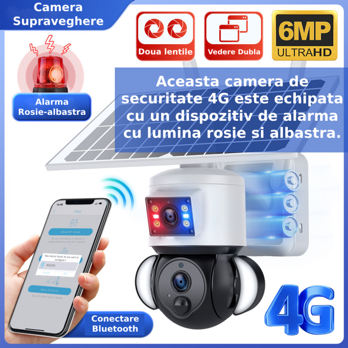 Camera de supraveghere CLAUSTEEL 2in1 cu Panou Solar inclus ST539, 6MPX Ultra HD, Portabila, Acumulator incorporat 12000mah, Rotire automata, Micro SD, Cartela SIM, Conexiune 4G, Alarma rosu albastru, [1]