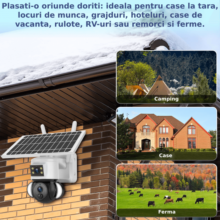 Camera de supraveghere CLAUSTEEL 2in1 cu Panou Solar inclus ST539, 6MPX Ultra HD, Portabila, Acumulator incorporat 12000mah, Rotire automata, Micro SD, Cartela SIM, Conexiune 4G, Alarma rosu albastru, [6]