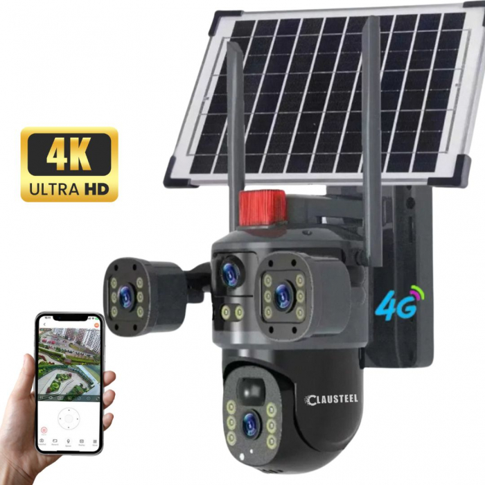 Camera de supraveghere CLAUSTEEL 2in1 cu panou solar, Vedere tripla, conexiune SIM 4G, 6MP, acumulator de 10.800 mAh, Rotire automata, urmarire inteligenta, Night Vision color, lumini nocturne, Zoom x [8]