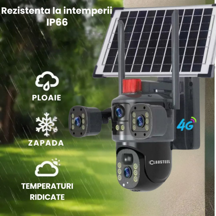 Camera de supraveghere CLAUSTEEL 2in1 cu panou solar, Vedere tripla, conexiune SIM 4G, 6MP, acumulator de 10.800 mAh, Rotire automata, urmarire inteligenta, Night Vision color, lumini nocturne, Zoom x [9]
