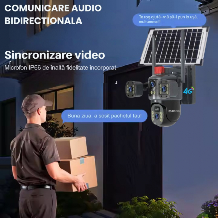 Camera de supraveghere CLAUSTEEL 2in1 cu panou solar, Vedere tripla, conexiune SIM 4G, 6MP, acumulator de 10.800 mAh, Rotire automata, urmarire inteligenta, Night Vision color, lumini nocturne, Zoom x [7]