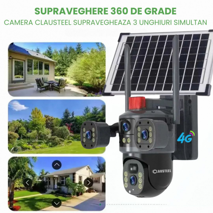 Camera de supraveghere CLAUSTEEL 2in1 cu panou solar, Vedere tripla, conexiune SIM 4G, 6MP, acumulator de 10.800 mAh, Rotire automata, urmarire inteligenta, Night Vision color, lumini nocturne, Zoom x [2]