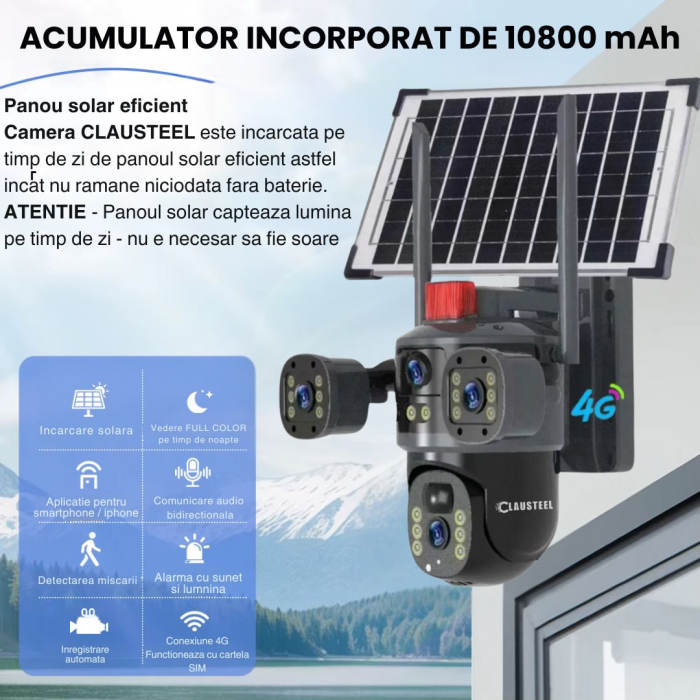 Camera de supraveghere CLAUSTEEL 2in1 cu panou solar, Vedere tripla, conexiune SIM 4G, 6MP, acumulator de 10.800 mAh, Rotire automata, urmarire inteligenta, Night Vision color, lumini nocturne, Zoom x [5]