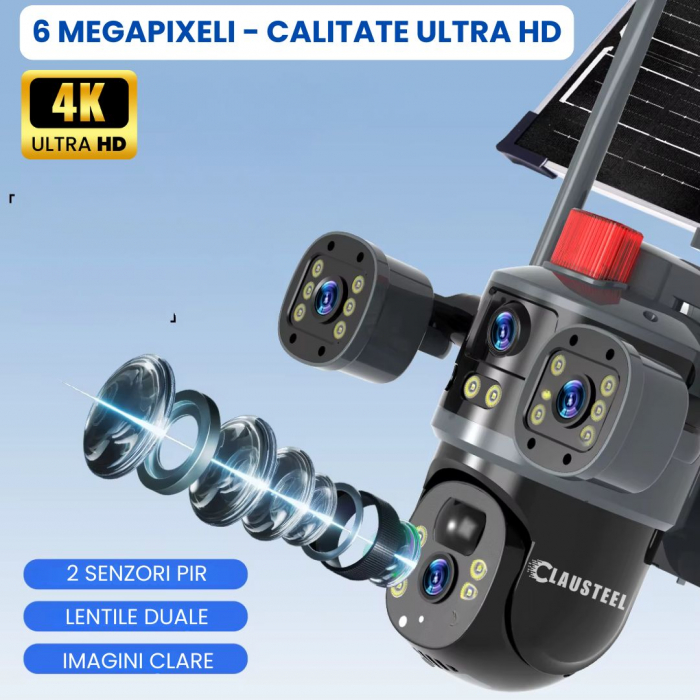 Camera de supraveghere CLAUSTEEL 2in1 cu panou solar, Vedere tripla, conexiune SIM 4G, 6MP, acumulator de 10.800 mAh, Rotire automata, urmarire inteligenta, Night Vision color, lumini nocturne, Zoom x [4]