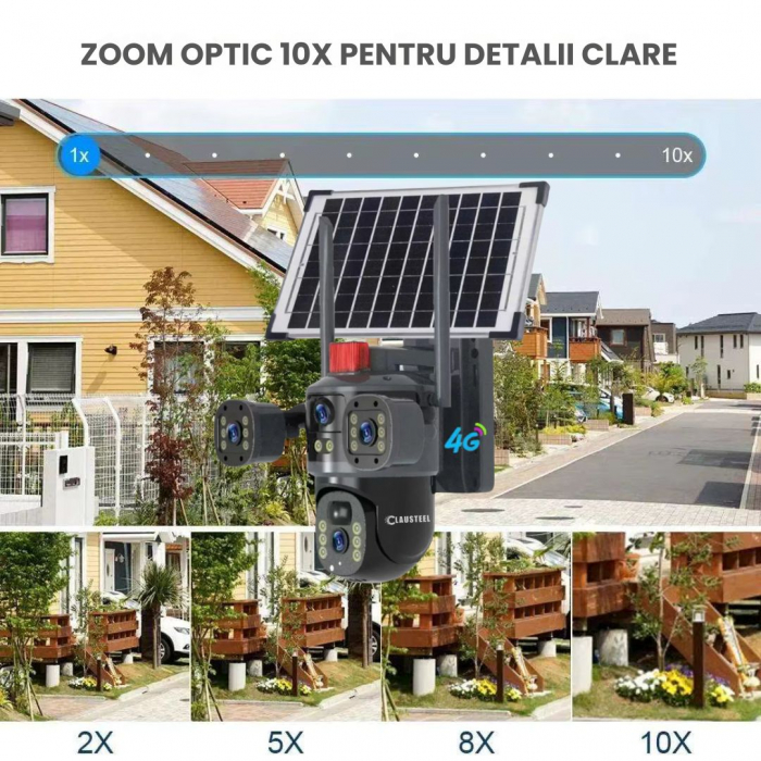 Camera de supraveghere CLAUSTEEL 2in1 cu panou solar, Vedere tripla, conexiune SIM 4G, 6MP, acumulator de 10.800 mAh, Rotire automata, urmarire inteligenta, Night Vision color, lumini nocturne, Zoom x [3]