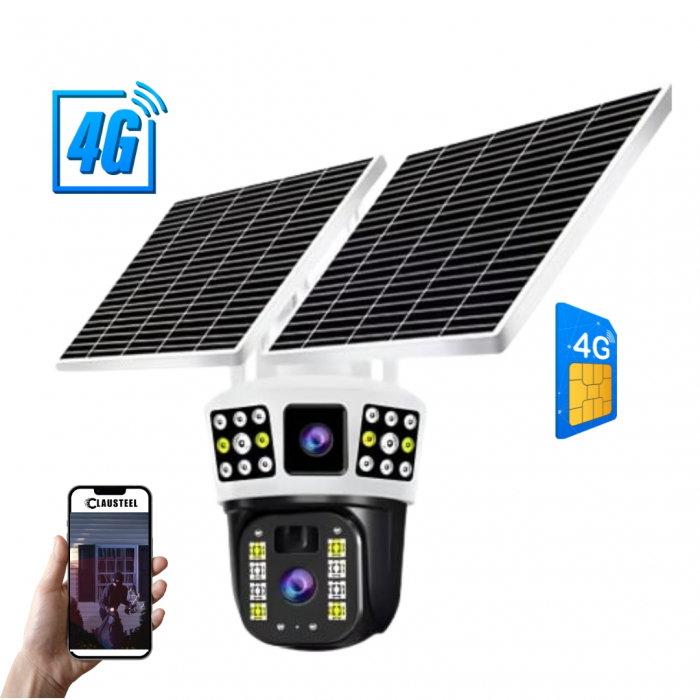 Camera de supraveghere CLAUSTEEL 2in1 cu vedere tripla, Panou Solar Dublu, 4MP, Portabila, Acumulator incorporat 12000mah, Rotire automata, Micro SD, Cartela SIM, Conexiune 4G, Supravegheaza trei zone [1]