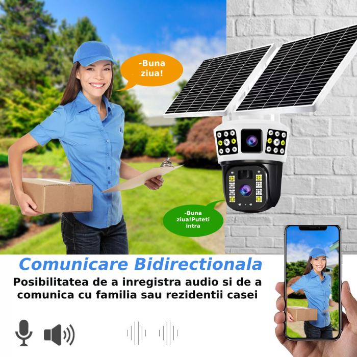 Camera de supraveghere CLAUSTEEL 2in1 cu vedere tripla, Panou Solar Dublu, 4MP, Portabila, Acumulator incorporat 12000mah, Rotire automata, Micro SD, Cartela SIM, Conexiune 4G, Supravegheaza trei zone [8]