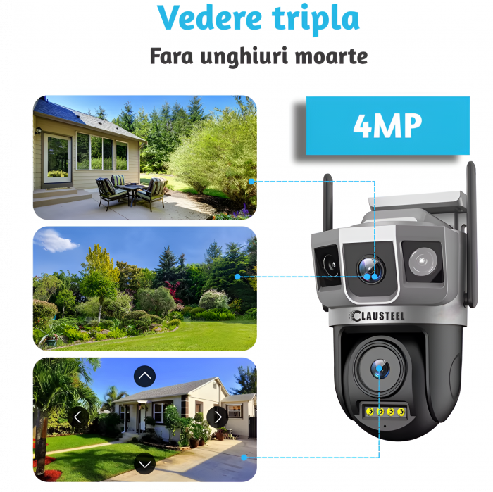Camera de supraveghere CLAUSTEEL 2IN1 M143, Dubla cu Vedere Tripla, 4 Megapixeli, Wireless, Portabila, Rotire automata, Micro SD, Supravegheaza 3 zone simultan, Negru-gri [5]