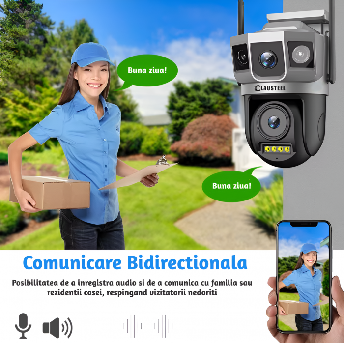 Camera de supraveghere CLAUSTEEL 2IN1 M143, Dubla cu Vedere Tripla, 4 Megapixeli, Wireless, Portabila, Rotire automata, Micro SD, Supravegheaza 3 zone simultan, Negru-gri [6]