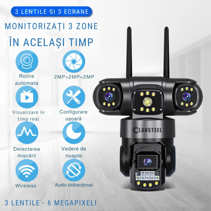 Camera de supraveghere CLAUSTEEL 3in1, 6MP FullHD, Wireless, Portabila, Rotire automata, urmarire inteligenta, Night Vision, lumini nocturne, Slot MicroSD, IP66, Vedere tripla, Negru [2]