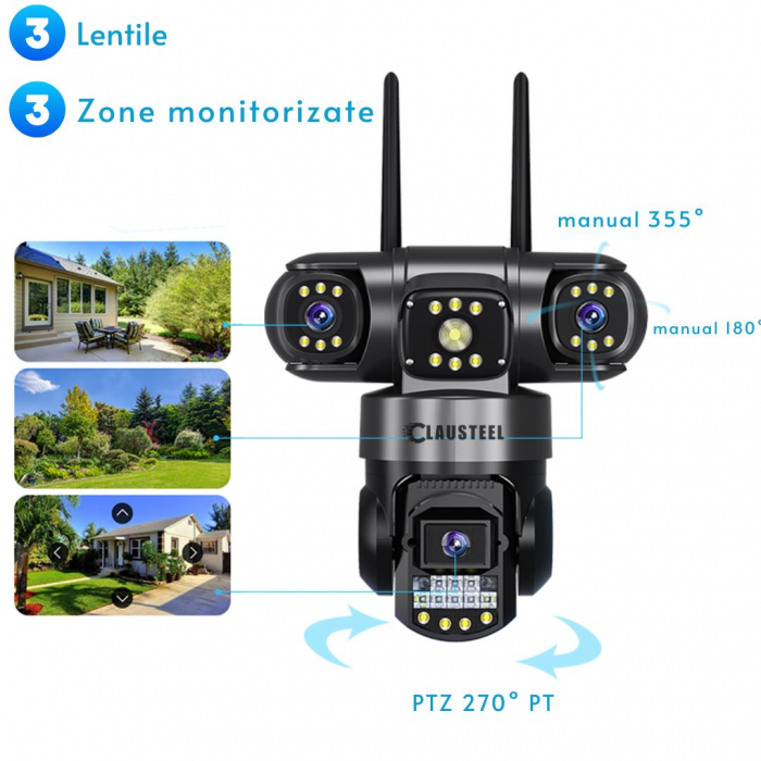 Camera de supraveghere CLAUSTEEL 3in1, 6MP FullHD, Wireless, Portabila, Rotire automata, urmarire inteligenta, Night Vision, lumini nocturne, Slot MicroSD, IP66, Vedere tripla, Negru [5]