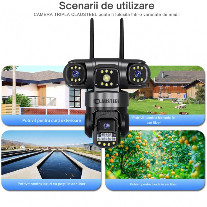 Camera de supraveghere CLAUSTEEL 3in1, 6MP FullHD, Wireless, Portabila, Rotire automata, urmarire inteligenta, Night Vision, lumini nocturne, Slot MicroSD, IP66, Vedere tripla, Negru [10]