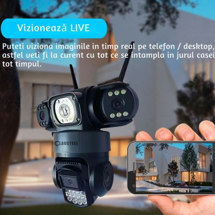 Camera de supraveghere CLAUSTEEL 3in1, 6MP FullHD, Wireless, Portabila, Rotire automata, urmarire inteligenta, Night Vision, lumini nocturne, Slot MicroSD, IP66, Vedere tripla, Negru [7]
