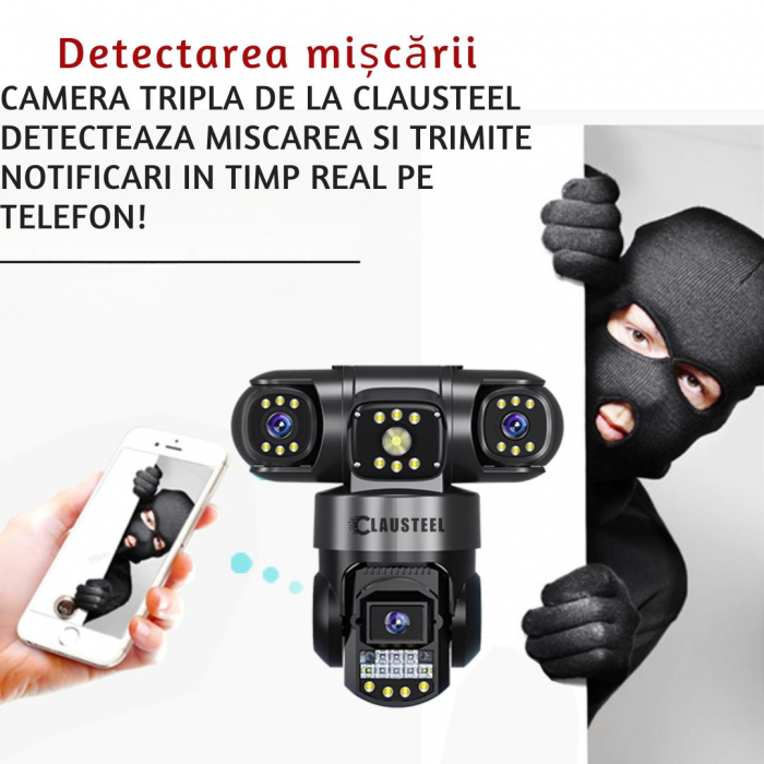 Camera de supraveghere CLAUSTEEL 3in1, 6MP FullHD, Wireless, Portabila, Rotire automata, urmarire inteligenta, Night Vision, lumini nocturne, Slot MicroSD, IP66, Vedere tripla, Negru [4]