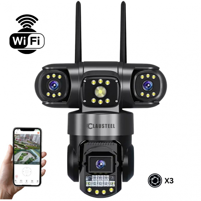 Camera de supraveghere CLAUSTEEL 3in1, 6MP FullHD, Wireless, Portabila, Rotire automata, urmarire inteligenta, Night Vision, lumini nocturne, Slot MicroSD, IP66, Vedere tripla, Negru [1]
