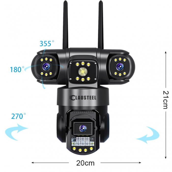 Camera de supraveghere CLAUSTEEL 3in1, 6MP FullHD, Wireless, Portabila, Rotire automata, urmarire inteligenta, Night Vision, lumini nocturne, Slot MicroSD, IP66, Vedere tripla, Negru [6]