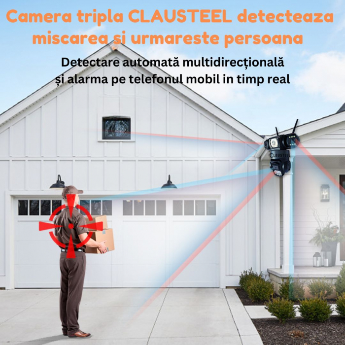 Camera de supraveghere CLAUSTEEL 3in1, 6MP FullHD, Wireless, Portabila, Rotire automata, urmarire inteligenta, Night Vision, lumini nocturne, Slot MicroSD, IP66, Vedere tripla, Negru [9]