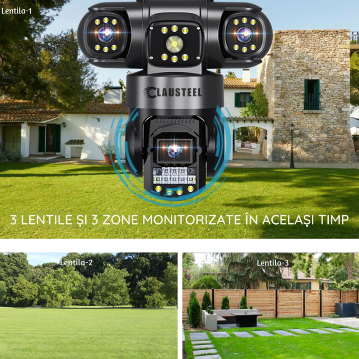 Camera de supraveghere CLAUSTEEL 3in1, 6MP FullHD, Wireless, Portabila, Rotire automata, urmarire inteligenta, Night Vision, lumini nocturne, Slot MicroSD, IP66, Vedere tripla, Negru [3]