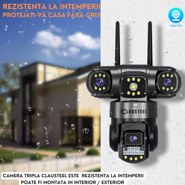 Camera de supraveghere CLAUSTEEL 3in1, 6MP FullHD, Wireless, Portabila, Rotire automata, urmarire inteligenta, Night Vision, lumini nocturne, Slot MicroSD, IP66, Vedere tripla, Negru [8]