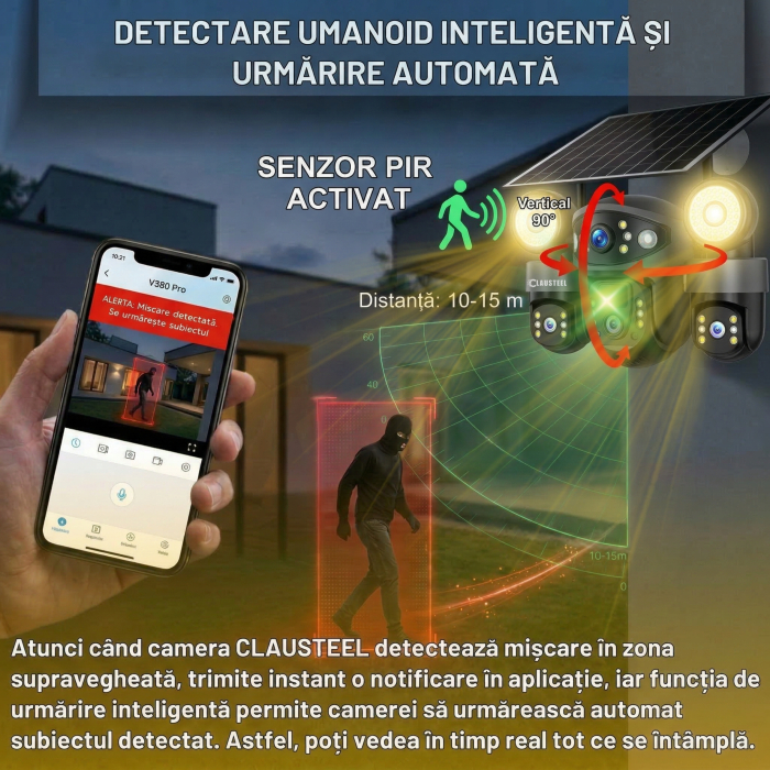 Camera supraveghere CLAUSTEEL 3in1 4G cu panou solar 8W, 3 lentile, 6MP, baterie 8000 mAh, senzor PIR, vedere nocturna color, audio, slot MicroSD, monitorizare 3 zone, alimentare dubla [8]