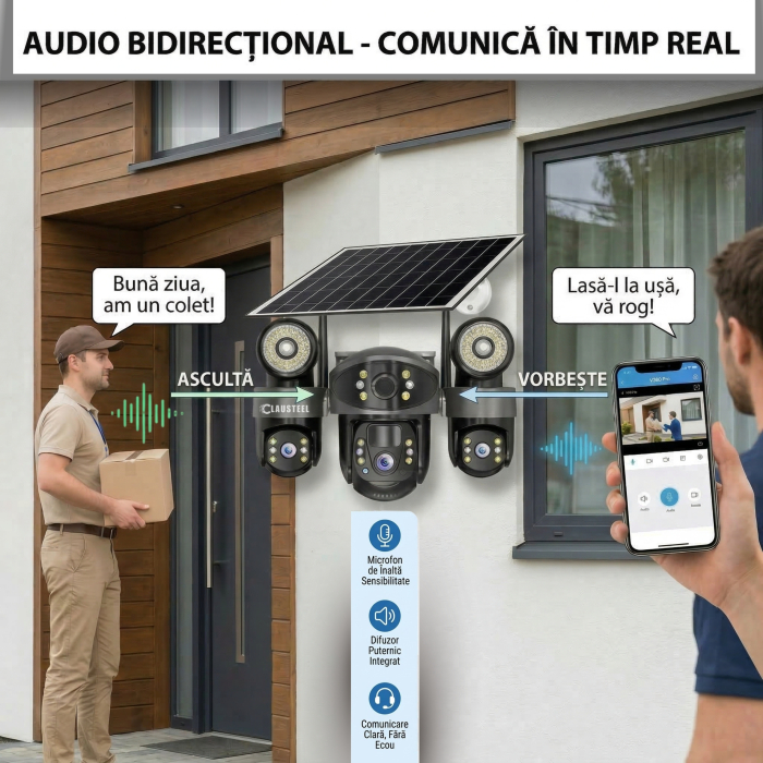 Camera supraveghere CLAUSTEEL 3in1 4G cu panou solar 8W, 3 lentile, 6MP, baterie 8000 mAh, senzor PIR, vedere nocturna color, audio, slot MicroSD, monitorizare 3 zone, alimentare dubla [7]