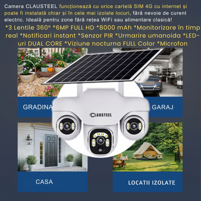 Camera de supraveghere CLAUSTEEL 3in1 cu panou solar, conexiune cu SIM 4G, 6 MP Full HD, 8000 mAh, panou solar de 8W, 3 lentile PTZ, senzor PIR, viziune nocturna color, slot MicroSD, microfon, aliment [13]