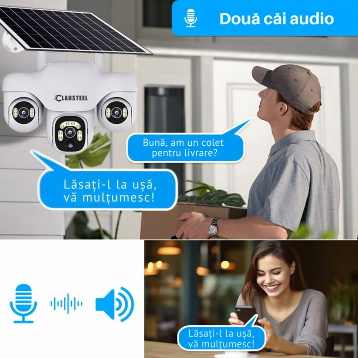 Camera de supraveghere CLAUSTEEL 3in1 cu panou solar, conexiune cu SIM 4G, 6 MP Full HD, 8000 mAh, panou solar de 8W, 3 lentile PTZ, senzor PIR, viziune nocturna color, slot MicroSD, microfon, aliment [11]