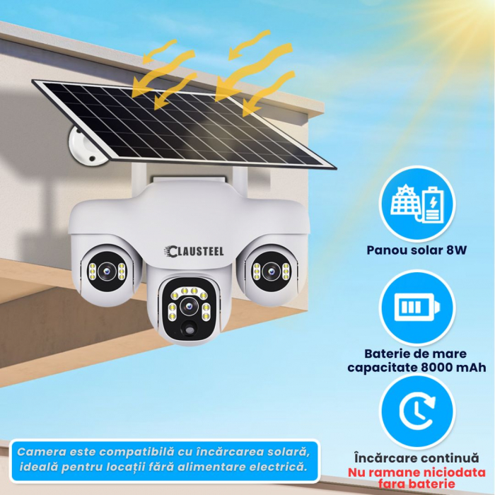 Camera de supraveghere CLAUSTEEL 3in1 cu panou solar, conexiune cu SIM 4G, 6 MP Full HD, 8000 mAh, panou solar de 8W, 3 lentile PTZ, senzor PIR, viziune nocturna color, slot MicroSD, microfon, aliment [8]